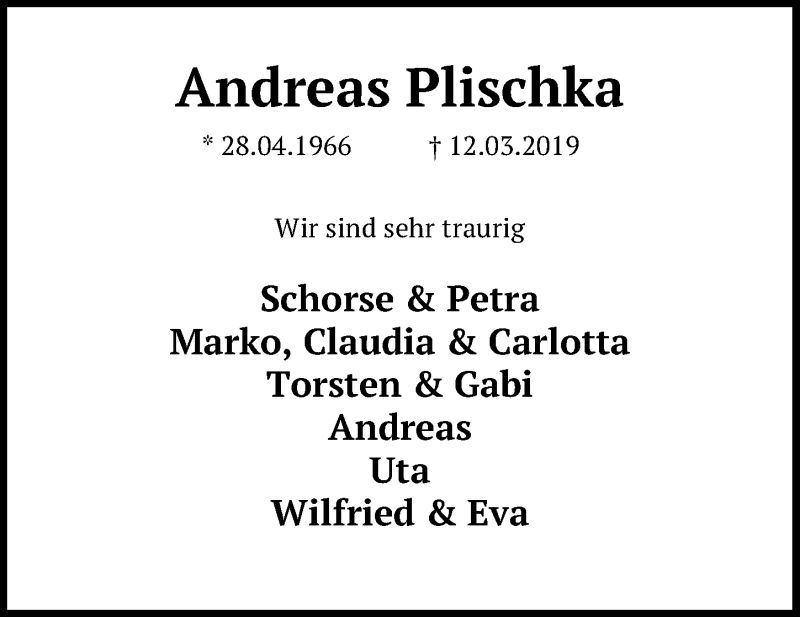  Traueranzeige für Andreas Plischka vom 20.03.2019 aus Hannoversche Allgemeine Zeitung/Neue Presse