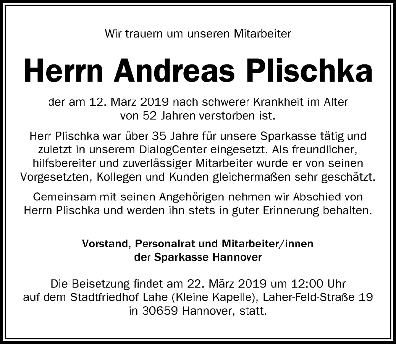 Traueranzeige für Andreas Plischka vom 21.03.2019 aus Hannoversche Allgemeine Zeitung/Neue Presse