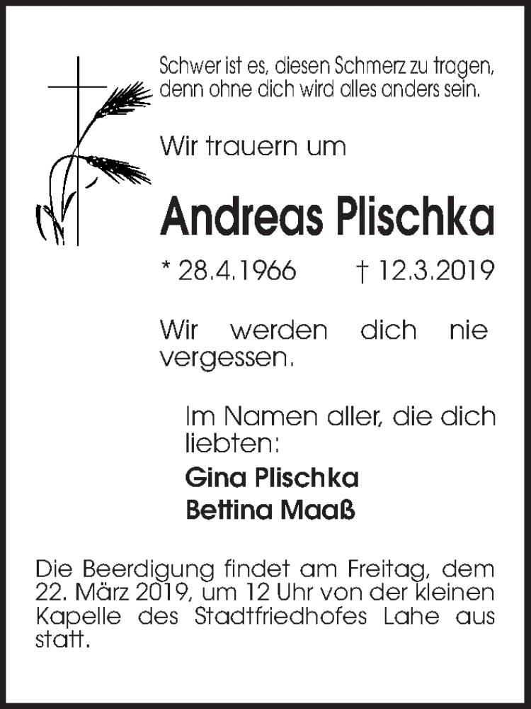  Traueranzeige für Andreas Plischka vom 20.03.2019 aus Hannoversche Allgemeine Zeitung/Neue Presse