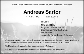 Traueranzeige von Andreas Sartor von Lübecker Nachrichten