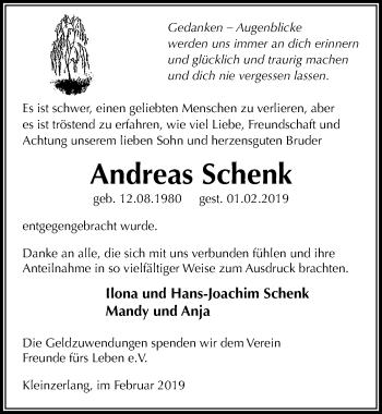 Traueranzeige von Andreas Schenk von Märkischen Allgemeine Zeitung
