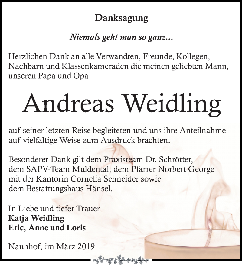  Traueranzeige für Andreas Weidling vom 16.03.2019 aus Leipziger Volkszeitung