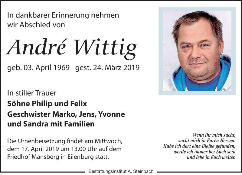  Traueranzeige für André Wittig vom 30.03.2019 aus Leipziger Volkszeitung