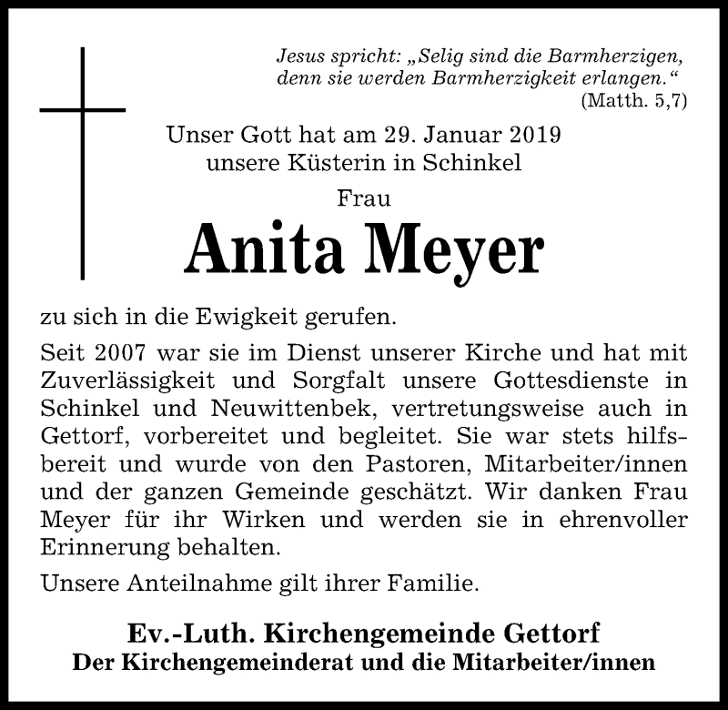  Traueranzeige für Anita Meyer vom 23.02.2019 aus Kieler Nachrichten