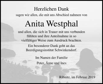 Traueranzeige von Anita Westphal von Ostsee-Zeitung GmbH