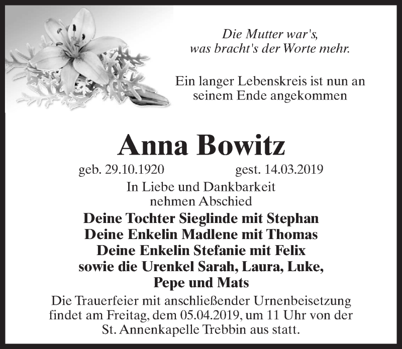  Traueranzeige für Anna Bowitz vom 30.03.2019 aus Märkischen Allgemeine Zeitung