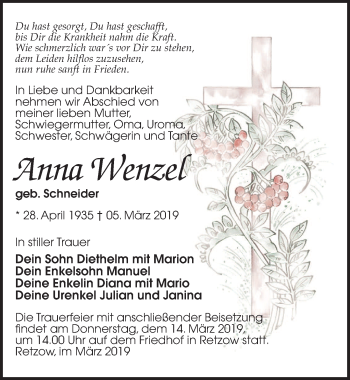 Traueranzeige von Anna Wenzer von Märkischen Allgemeine Zeitung