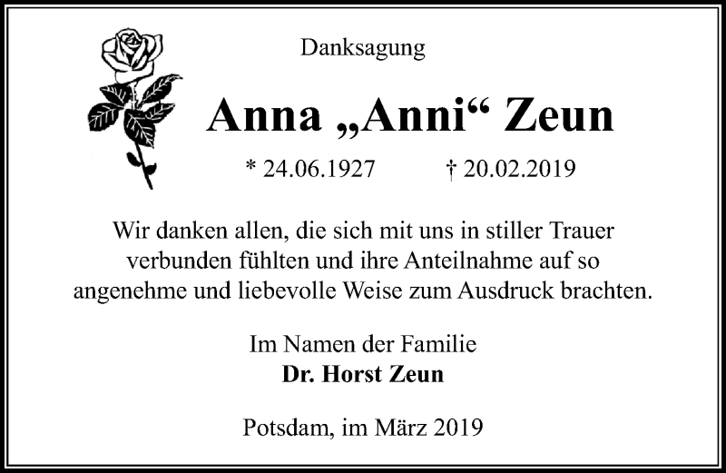  Traueranzeige für Anna Zeun vom 30.03.2019 aus Märkischen Allgemeine Zeitung