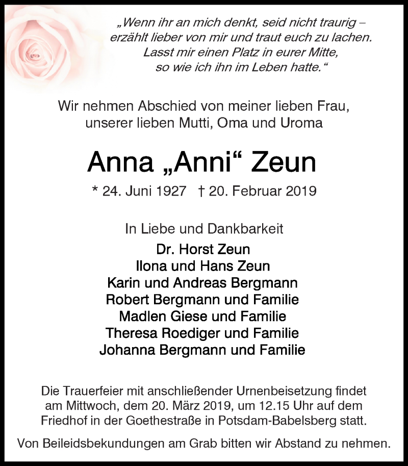  Traueranzeige für Anna Zeun vom 02.03.2019 aus Märkischen Allgemeine Zeitung