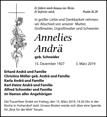 Traueranzeige von Annelies Andrä von Leipziger Volkszeitung