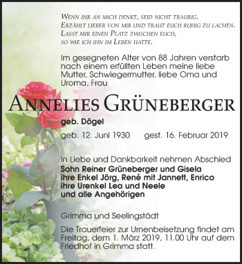 Traueranzeige von Annelies Grüneberger von Leipziger Volkszeitung
