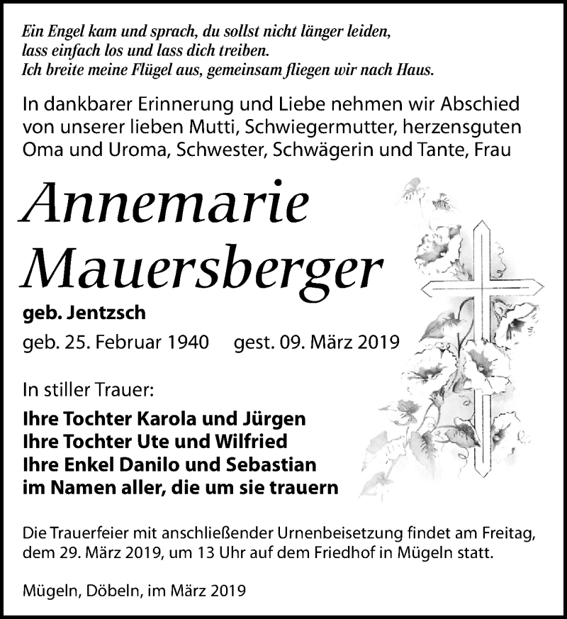  Traueranzeige für Annemarie Mauersberger vom 16.03.2019 aus Leipziger Volkszeitung