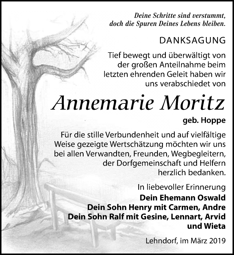  Traueranzeige für Annemarie Moritz vom 30.03.2019 aus Leipziger Volkszeitung