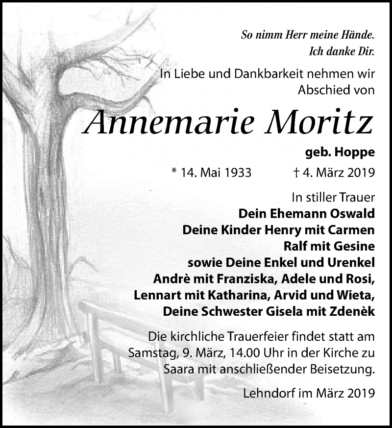  Traueranzeige für Annemarie Moritz vom 06.03.2019 aus Leipziger Volkszeitung