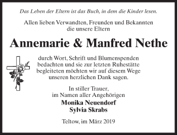 Traueranzeige von Annemarie und Manfred Nethe von Märkischen Allgemeine Zeitung