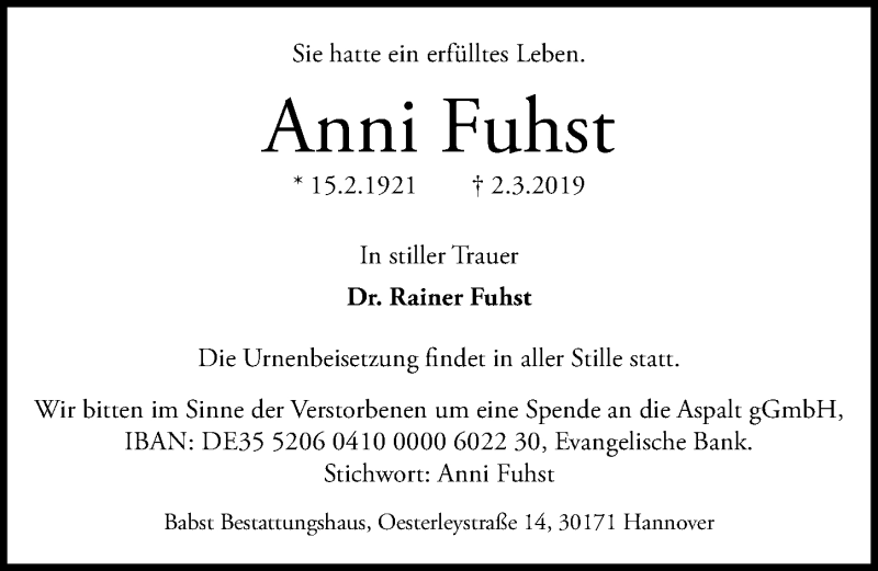  Traueranzeige für Anni Fuhst vom 09.03.2019 aus Hannoversche Allgemeine Zeitung/Neue Presse