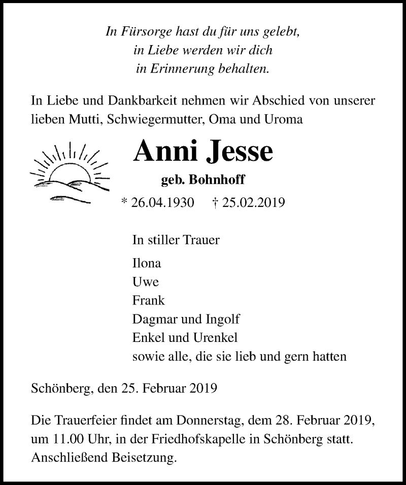  Traueranzeige für Anni Jesse vom 27.02.2019 aus Ostsee-Zeitung GmbH
