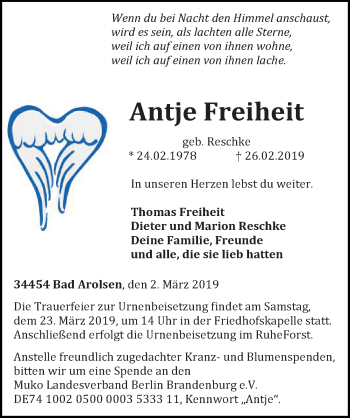 Traueranzeige von Antje Freiheit von Märkischen Allgemeine Zeitung