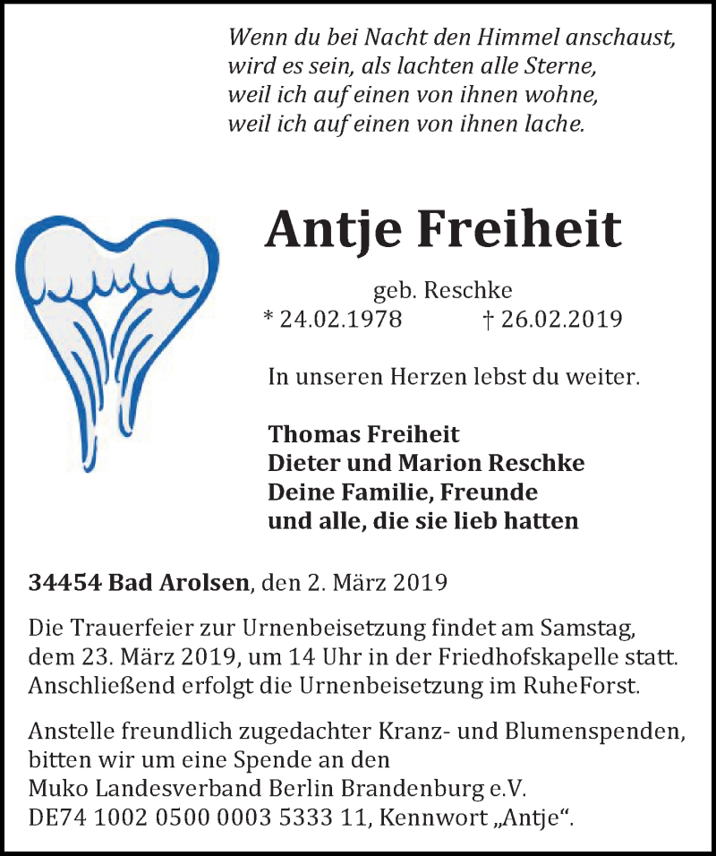  Traueranzeige für Antje Freiheit vom 02.03.2019 aus Märkischen Allgemeine Zeitung