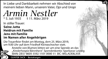 Traueranzeige von Armin Nestler von Leipziger Volkszeitung