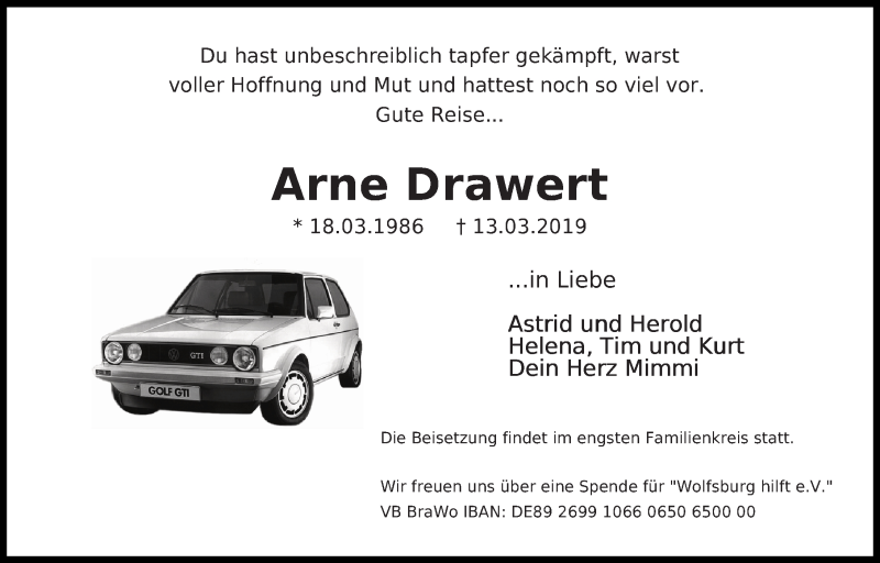  Traueranzeige für Arne Drawert vom 16.03.2019 aus Aller Zeitung