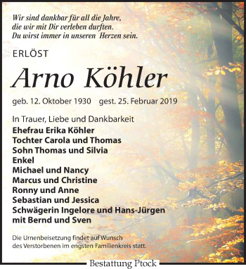 Traueranzeige von Arno Köhler von Leipziger Volkszeitung