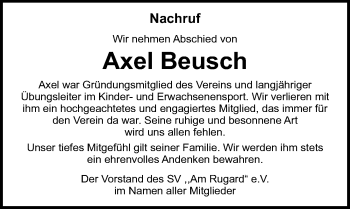 Traueranzeige von Axel Beusch von Ostsee-Zeitung GmbH