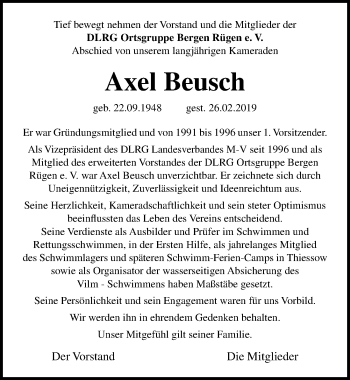 Traueranzeige von Axel Beusch von Ostsee-Zeitung GmbH