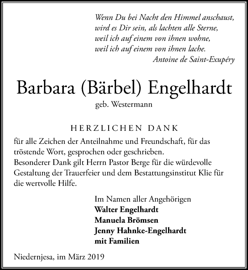  Traueranzeige für Barbara Bärbel Engelhardt vom 30.03.2019 aus Göttinger Tageblatt