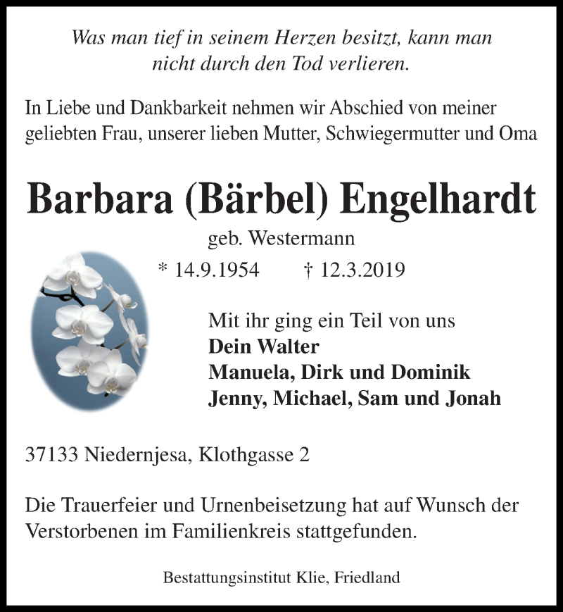  Traueranzeige für Barbara Bärbel Engelhardt vom 20.03.2019 aus Göttinger Tageblatt