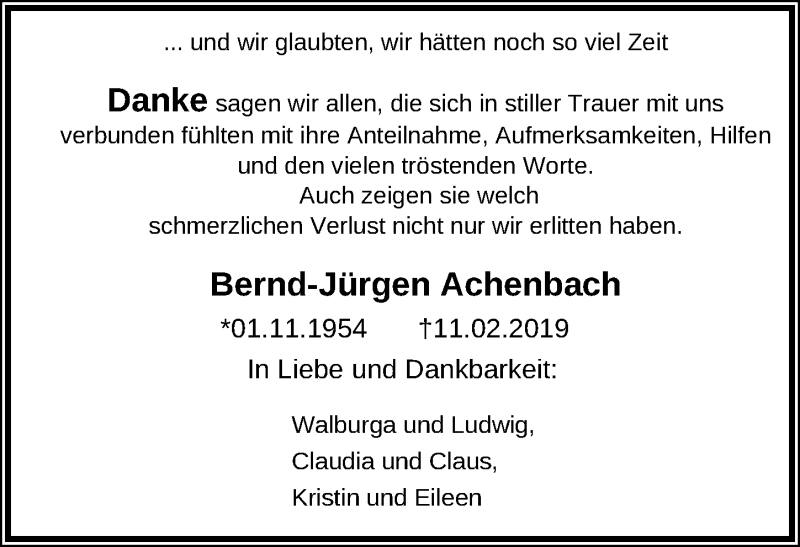  Traueranzeige für Bernd-Jürgen Achenbach vom 03.03.2019 aus Lübecker Nachrichten
