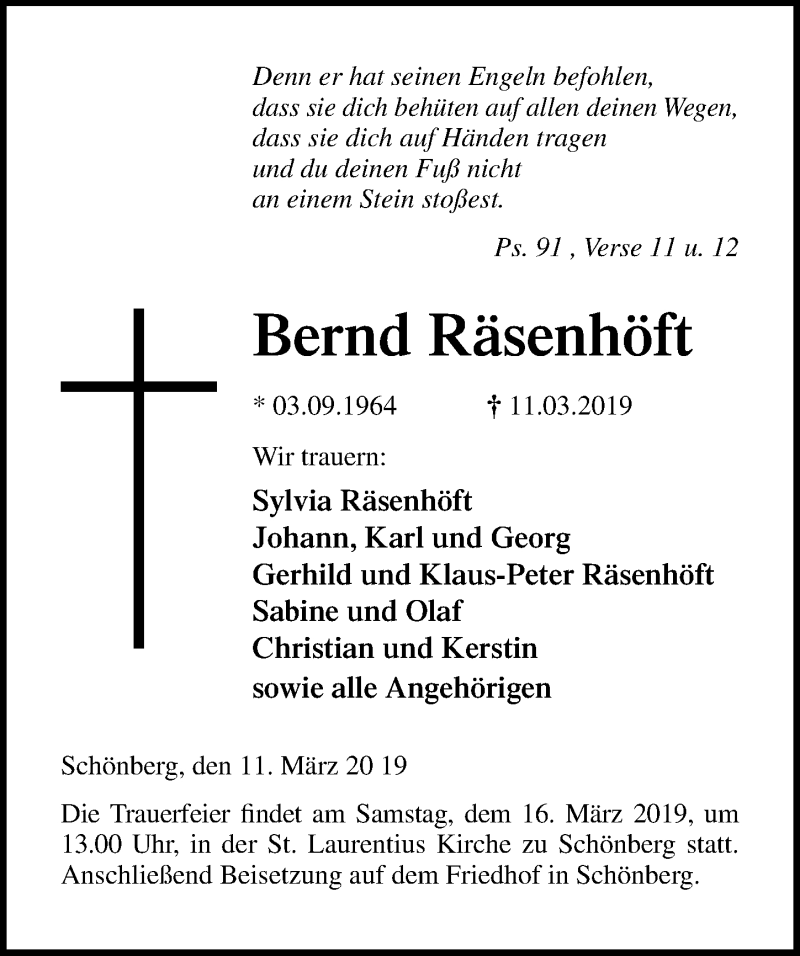  Traueranzeige für Bernd Räsenhöft vom 14.03.2019 aus Ostsee-Zeitung GmbH