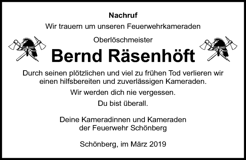  Traueranzeige für Bernd Räsenhöft vom 16.03.2019 aus Ostsee-Zeitung GmbH