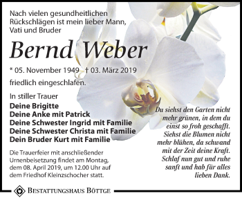 Traueranzeige von Bernd Weber von Leipziger Volkszeitung