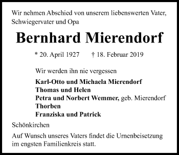 Traueranzeige von Bernhard Mierendorf von Kieler Nachrichten