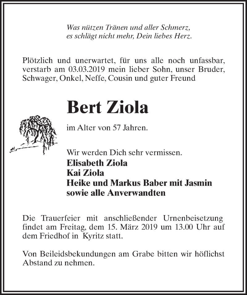  Traueranzeige für Bert Ziola vom 09.03.2019 aus Märkischen Allgemeine Zeitung