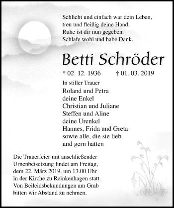 Traueranzeige von Betti Schröder von Ostsee-Zeitung GmbH