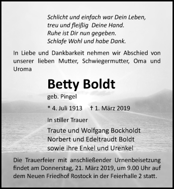 Traueranzeige von Betty Boldt von Ostsee-Zeitung GmbH