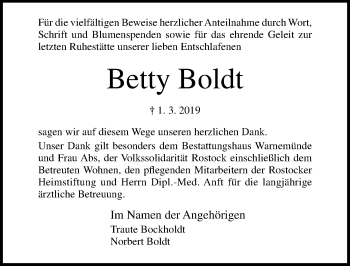 Traueranzeige von Betty Boldt von Ostsee-Zeitung GmbH