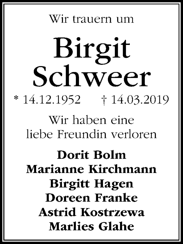  Traueranzeige für Birgit Schweer vom 23.03.2019 aus Hannoversche Allgemeine Zeitung/Neue Presse