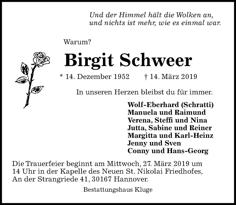  Traueranzeige für Birgit Schweer vom 23.03.2019 aus Hannoversche Allgemeine Zeitung/Neue Presse
