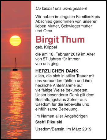 Traueranzeige von Birgit Thum von Ostsee-Zeitung GmbH