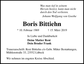 Traueranzeige von Boris Bittiehn von Lübecker Nachrichten