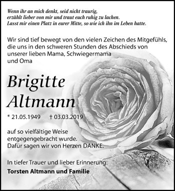 Traueranzeige von Brigitte Altmann von Leipziger Volkszeitung