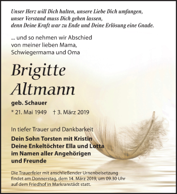 Traueranzeige von Brigitte Altmann von Leipziger Volkszeitung