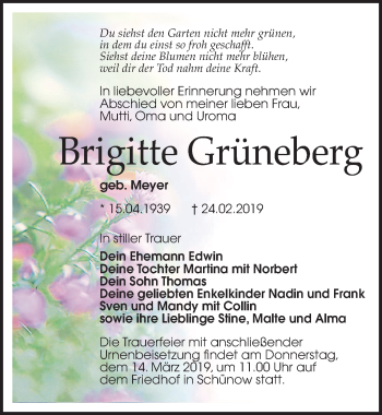 Traueranzeige von Brigitte Grüneberg von Märkischen Allgemeine Zeitung