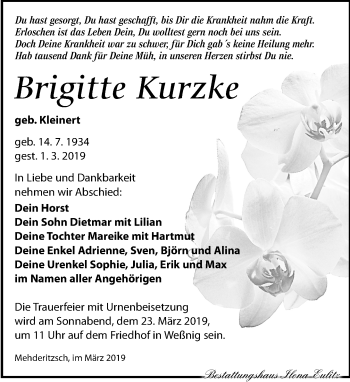 Traueranzeige von Brigitte Kurzke von Torgauer Zeitung