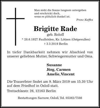 Traueranzeige von Brigitte Rade von Aller Zeitung