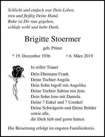 Traueranzeige von Brigitte Stoermer von Ostsee-Zeitung GmbH
