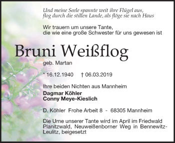 Traueranzeige von Bruni Weißflog von Leipziger Volkszeitung